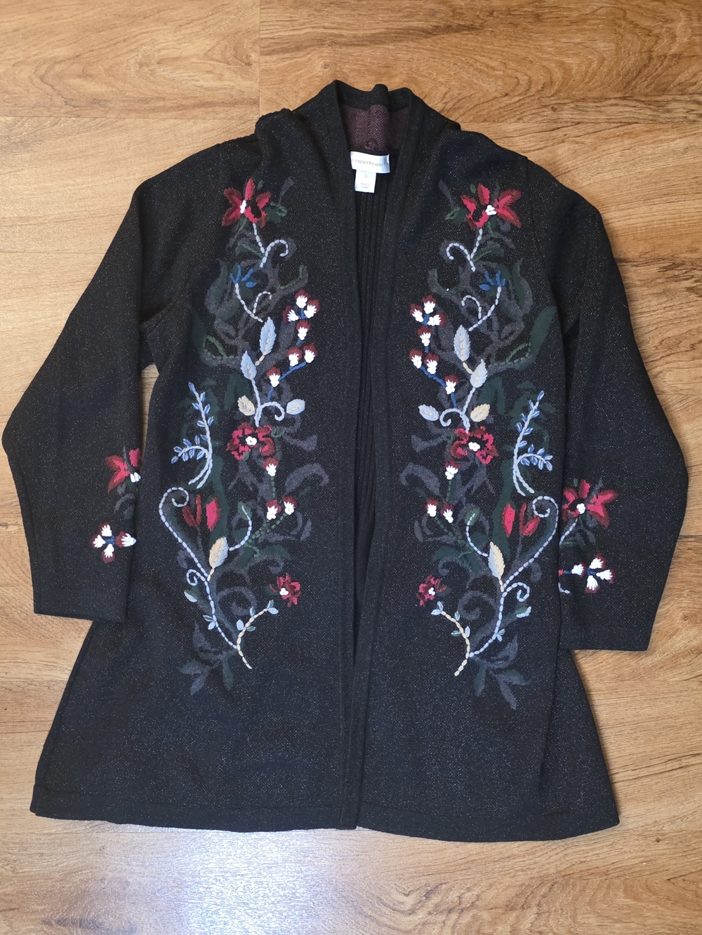 Christopher & Banks Black Sparkly Floral Embroidered Open Cardigan